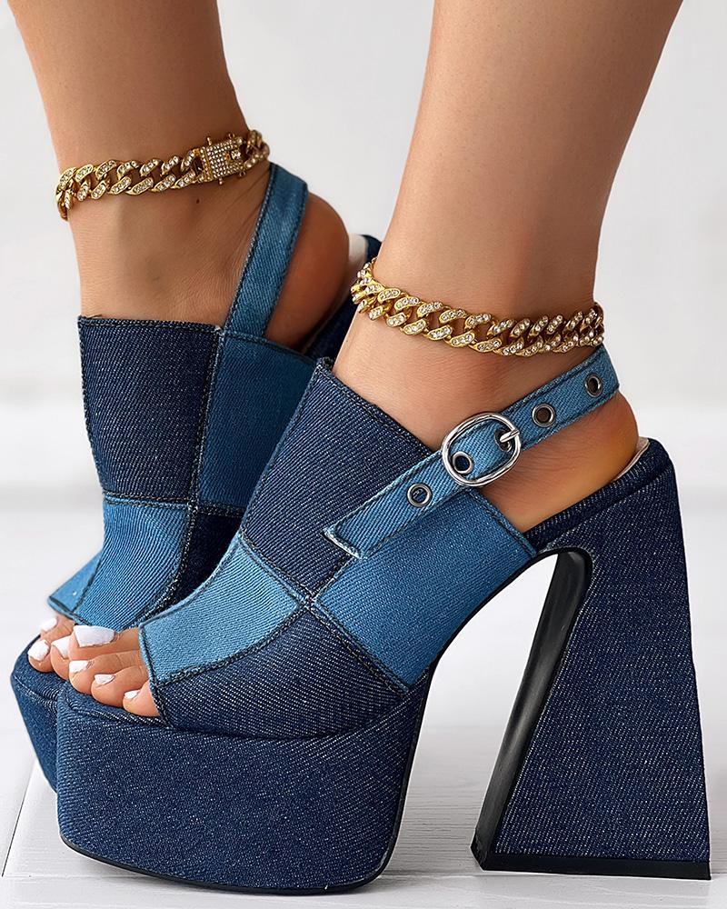 Colorblock Denim Patchwork Slingback Buckled Platform Chunky