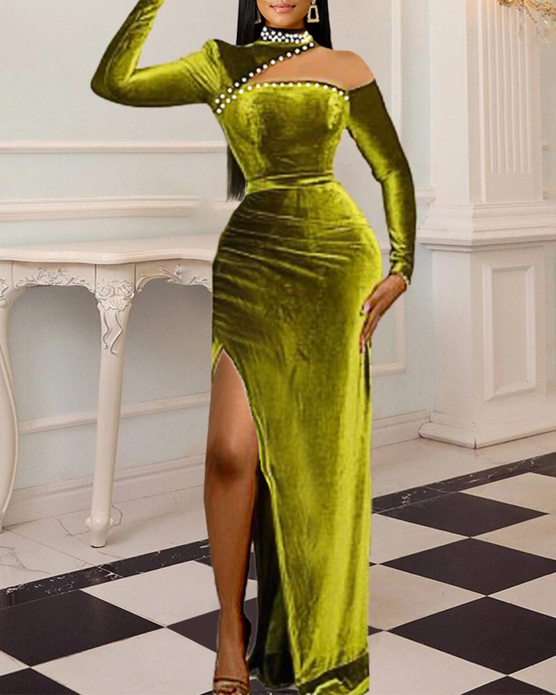 Cutout Velvet Beaded High Slit Evening Dress