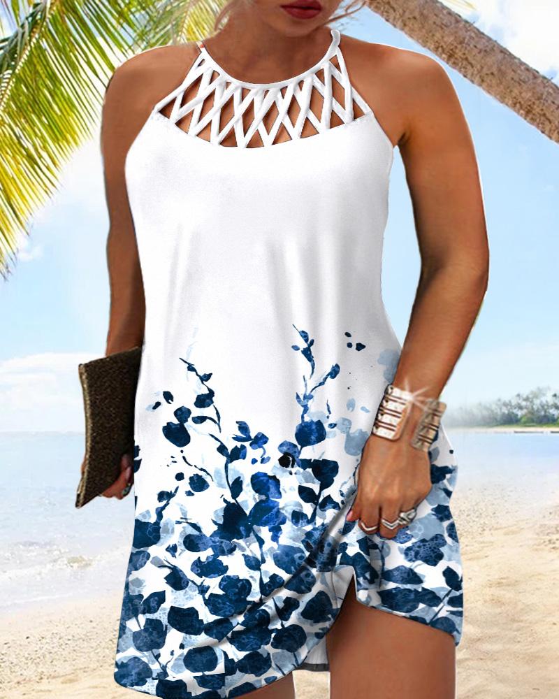 Plus Size Plants Print Sleeveless Hollow Out Casual Dress