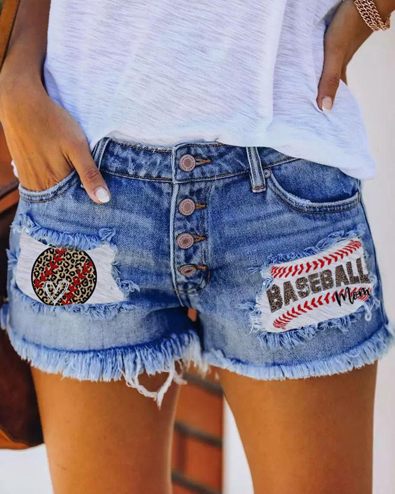 Baseball Leopard Print Patchwork Ripped Denim Shorts