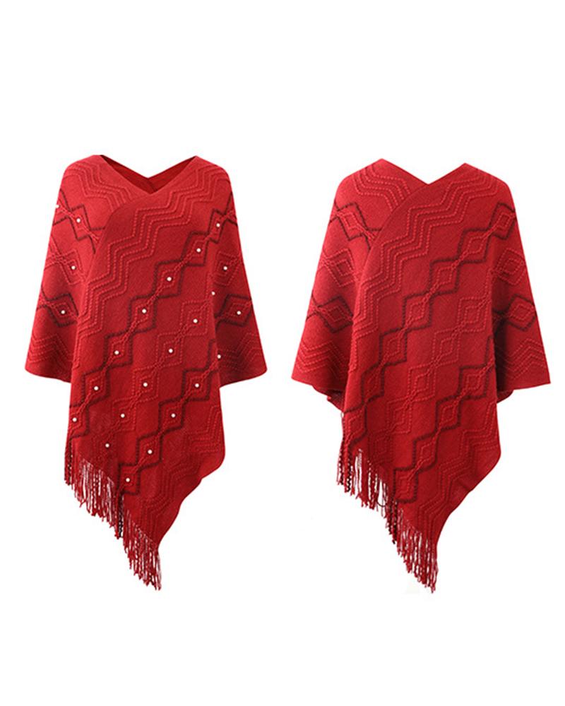 Geometric Pattern Pearls Decor Tassel Design Knit Cape Sweater