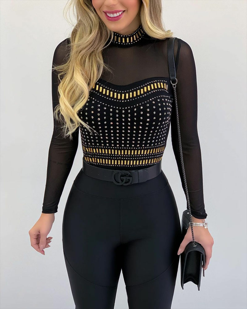 T-shirt & Tees  ChicMe Rhinestone Decor Sheer Mesh Long Sleeve Top