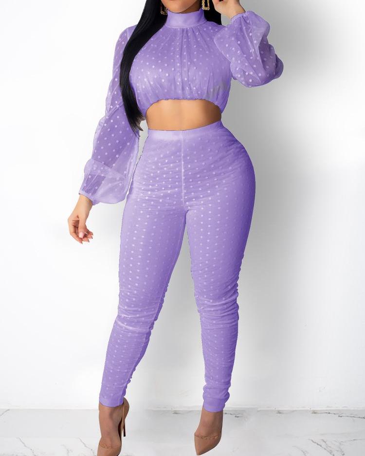 Sheer Mesh Dot Crop Top & Pant Sets