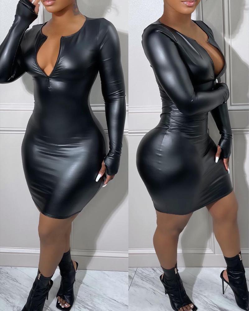 Long Sleeve Zip Front PU Leather Bodycon Dress