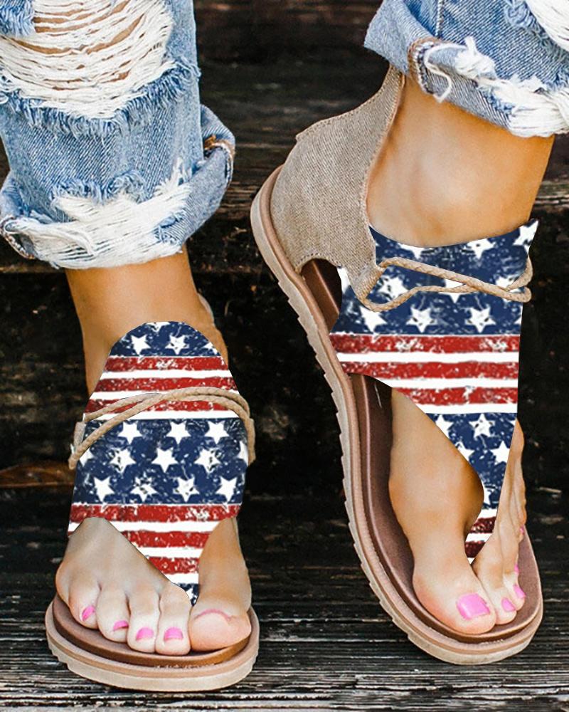 Flats-Sandals Independence Day Flag Pattern Toe Post Sandals