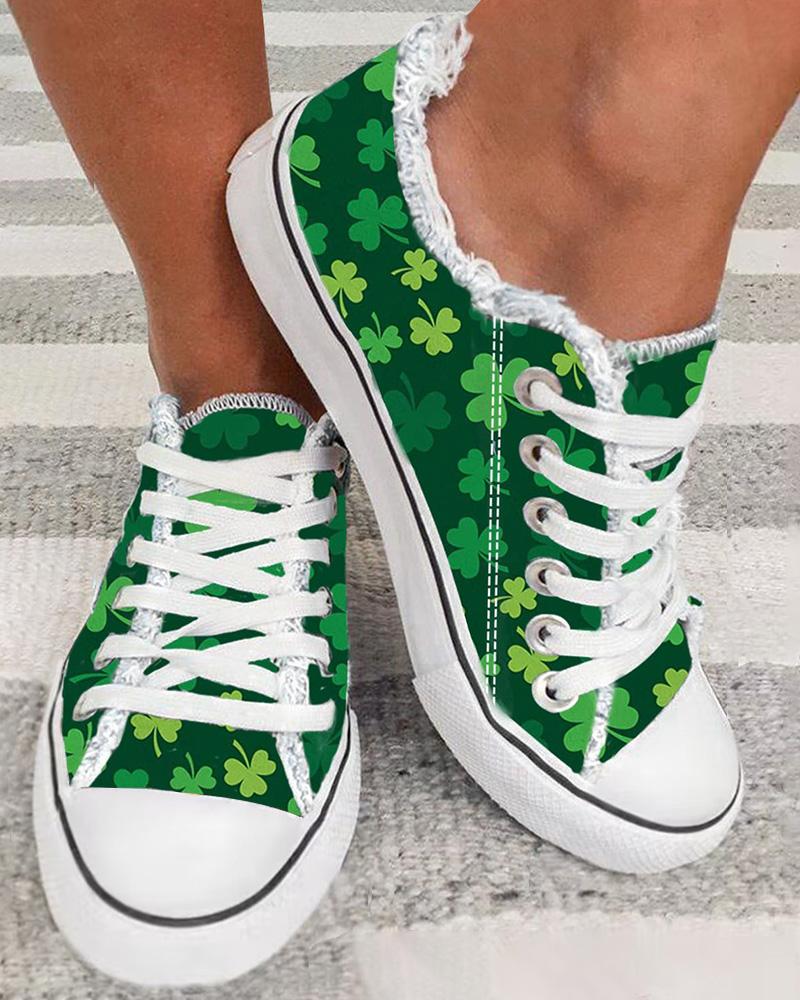 St. Patrick's Day Deep Green Clover Print Fringe Hem Canvas Sneakers