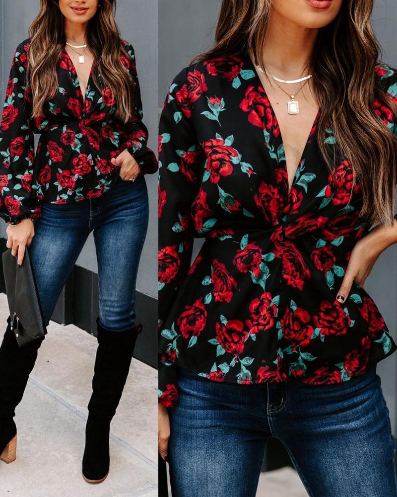 Floral Print V-Neck Long Sleeve Top