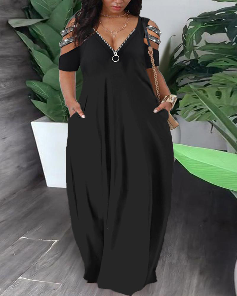 Plus Size Cold Shoulder Zipper Design Maxi Dress