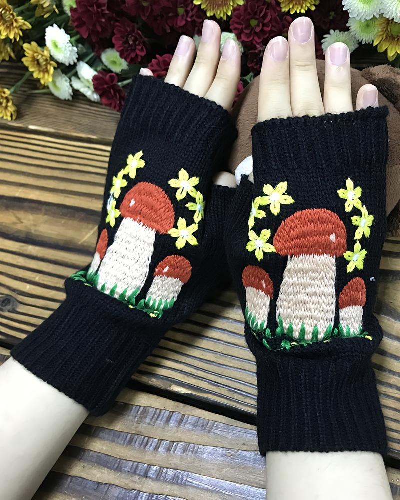 1Pair Mushroom Floral Embroidery Fingerless Knit Gloves