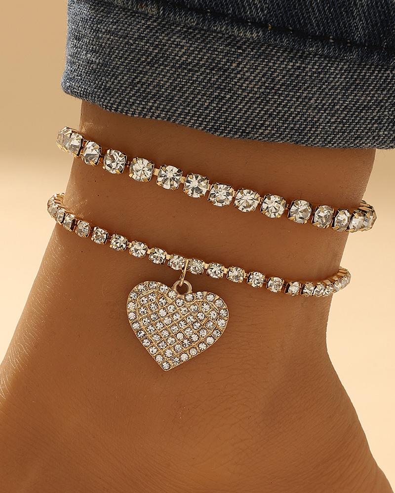 2pcs Rhinestone Heart Pattern Stackable Anklet Set