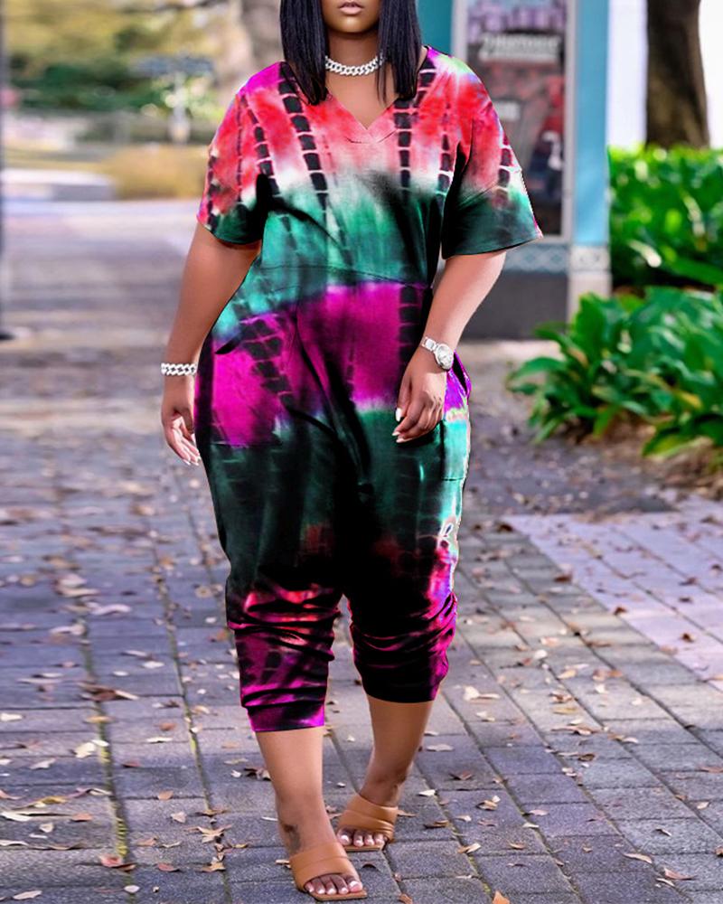 Tie Dye Print Short Sleeve Pocket Design Jumpsuit