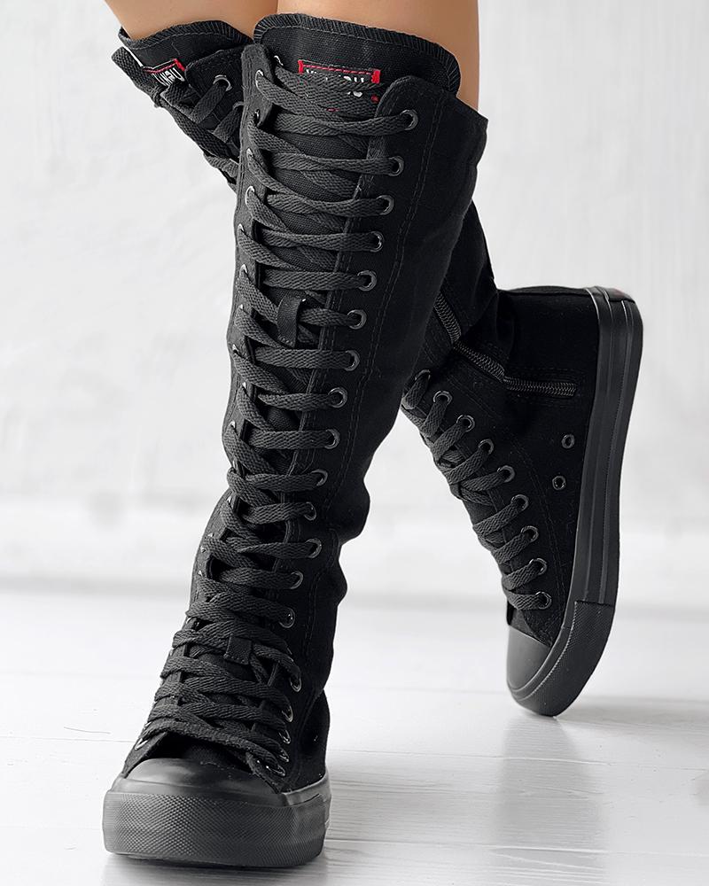 Canvas Side Zipped Lace-Up Boots