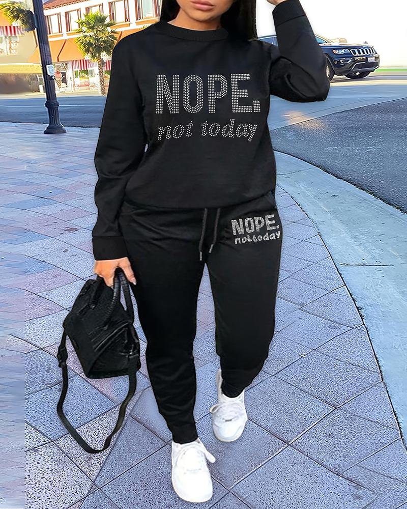 Plus Size Rhinestone Nope Not Today Pattern Sweatshirt & Drawstring Sweatpants Set
