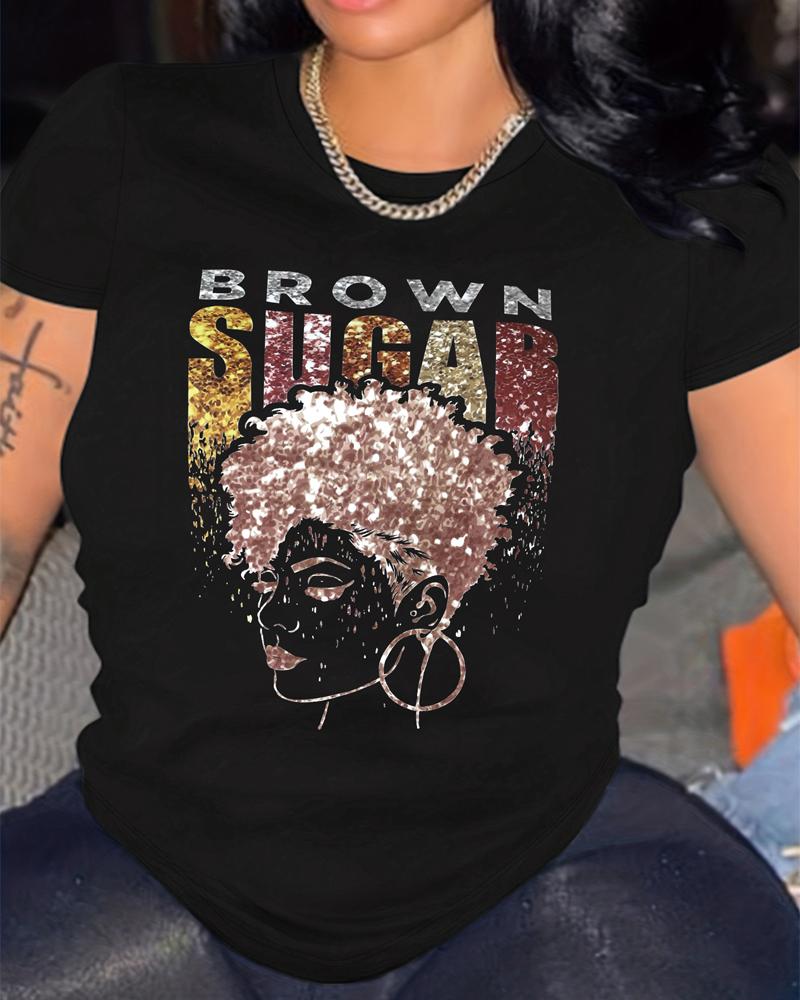 T-shirt & Tees  ChicMe Brown Sugar Afro Queen Print Casual T-shirt