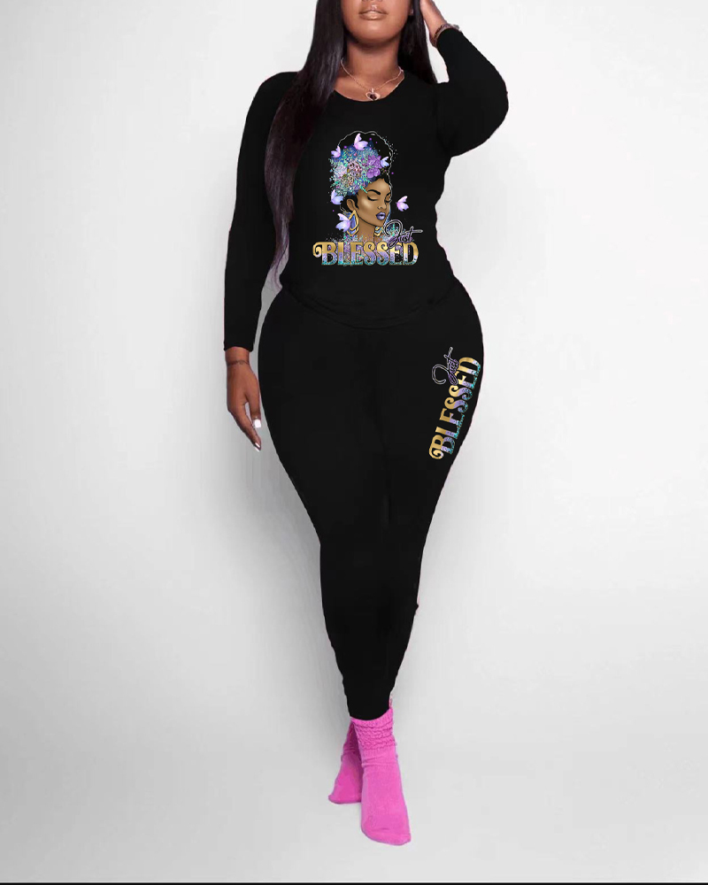 Plus Size Figure Letter Print Long Sleeve Top & Pants Set