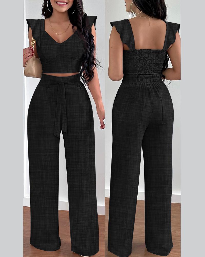Ruffle Hem Shirred Crop Top & High Waist Pants Set