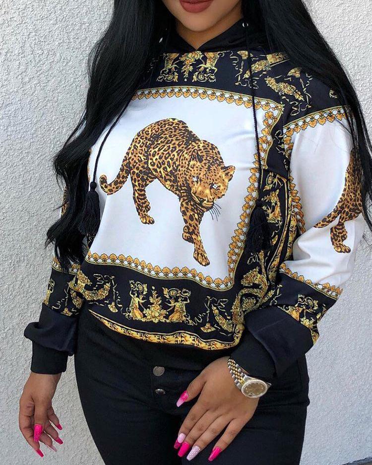 Tiger Print Long Sleeve Casual Hoodies