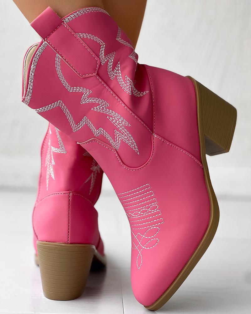 Graphic Cowboy Style Chunky Heel Ankle Boots