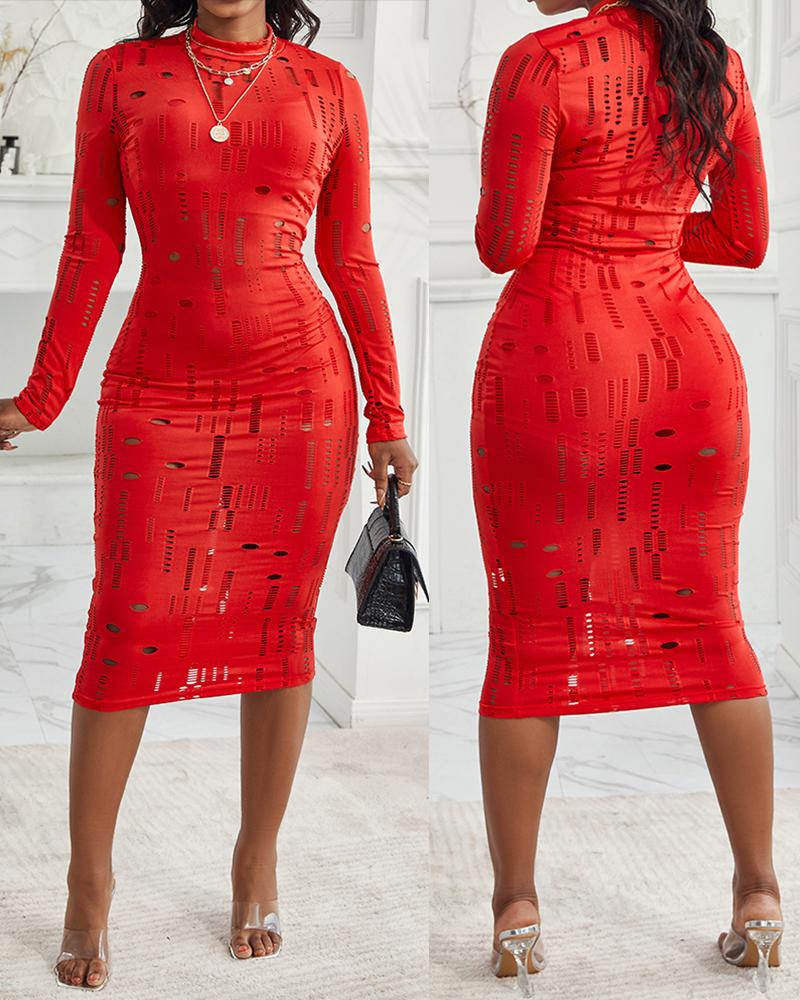 Long Sleeve Hollow Out Ruched Bodycon Dress