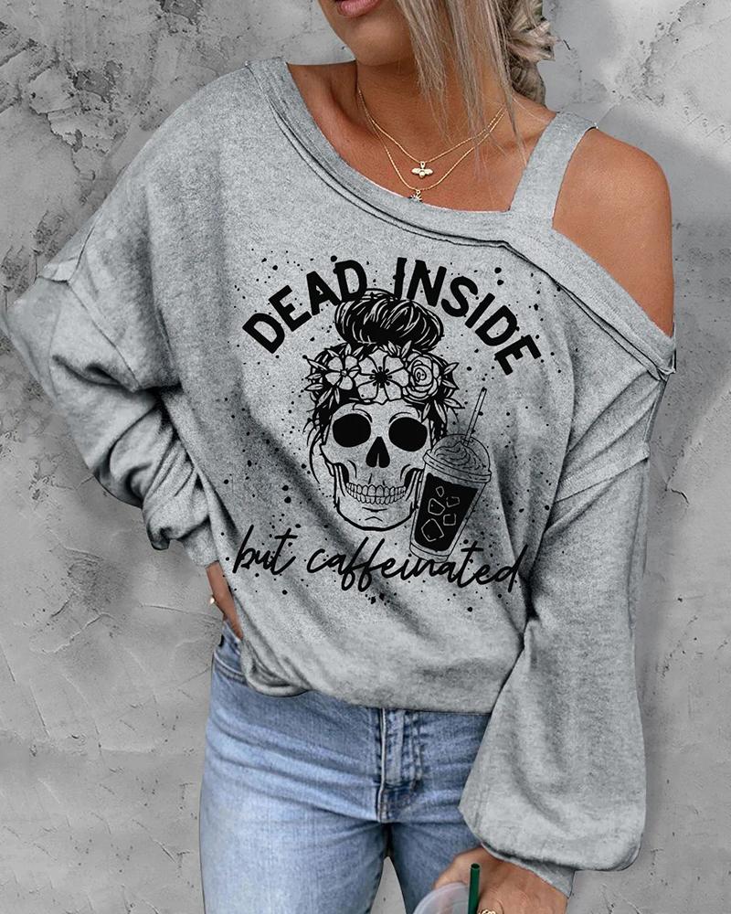 Halloween Dead Inside Skull Coffee Print Lantern Sleeve Top