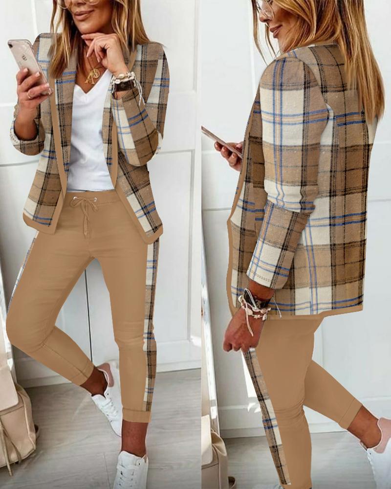 Plaid Pattern Shawl Collar Blazer Coat & Drawstring Pants Set