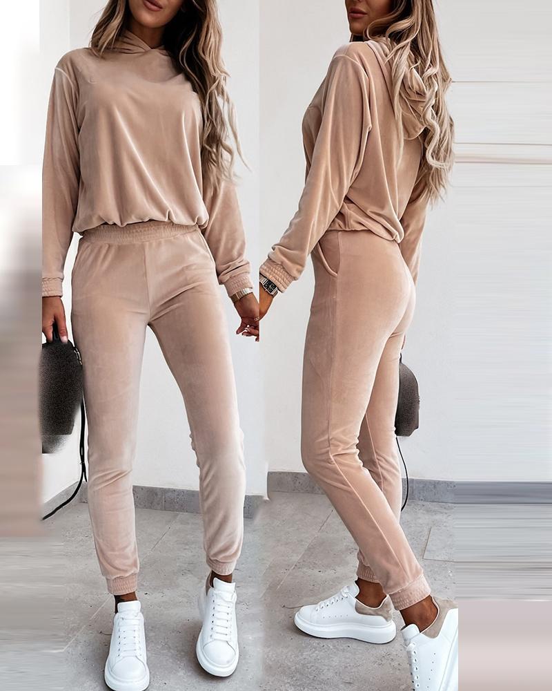 Velvet Hooded Top & High Waist Pants Set