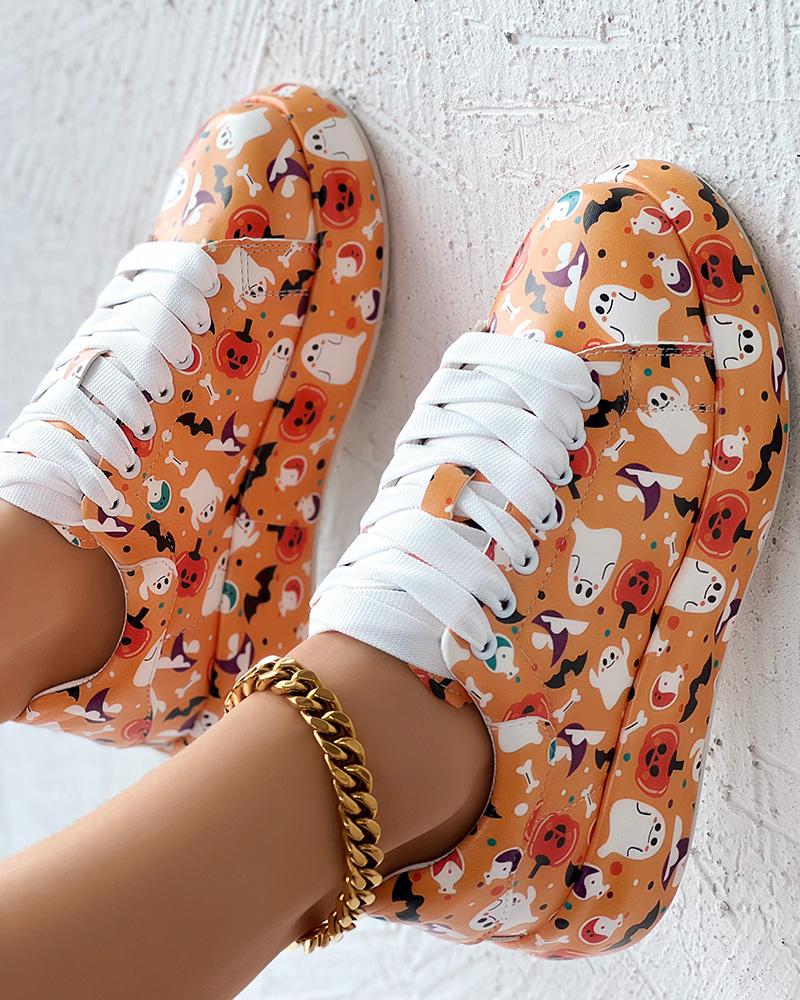 Halloween Ghost Pumpkin Cartoon Print Lace-up Platform Sneakers