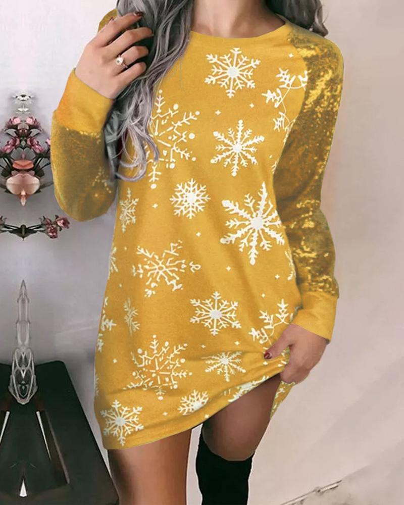 Christmas Snowflake Print Contrast Sequin Dress