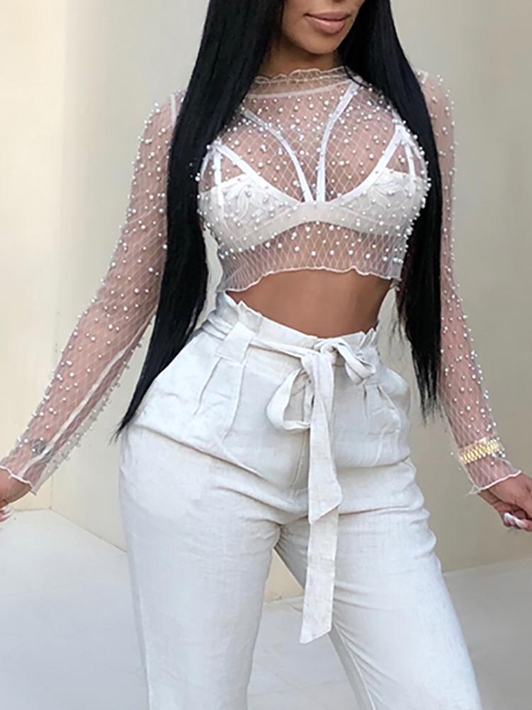 See Through Mesh Beaded Crop Top