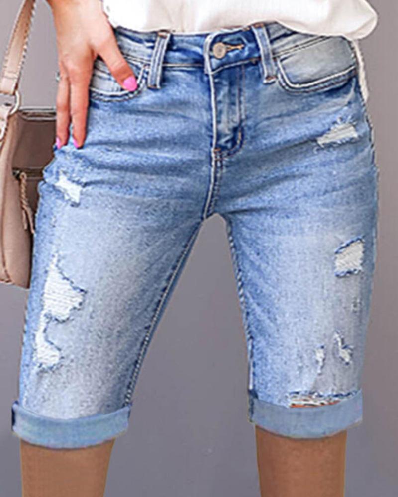 Ripped Pocket Design Denim Shorts