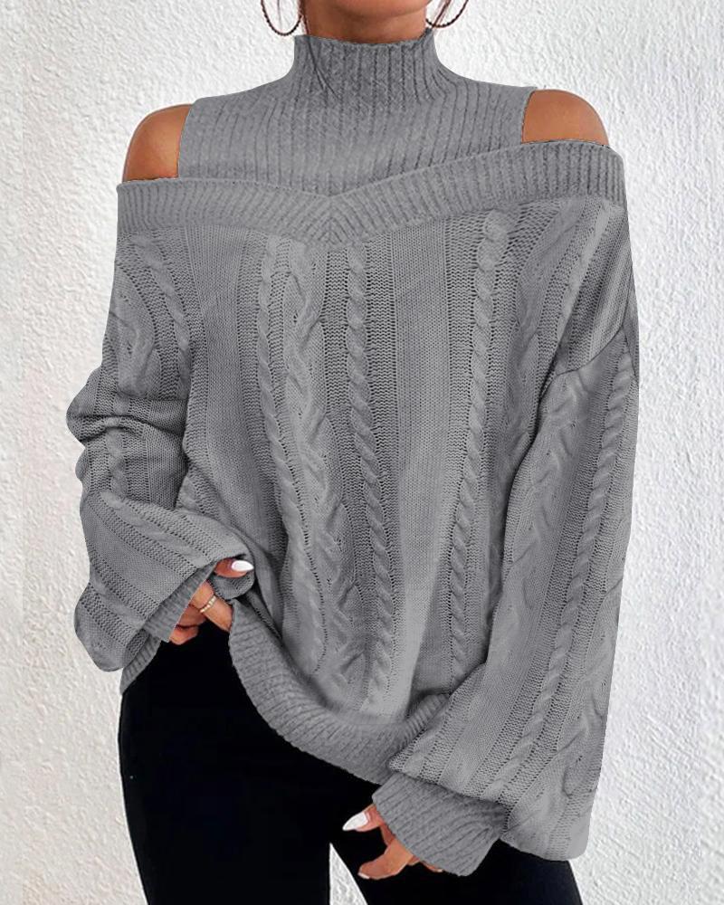 Cold Shoulder Lantern Sleeve Braided Knit Sweater