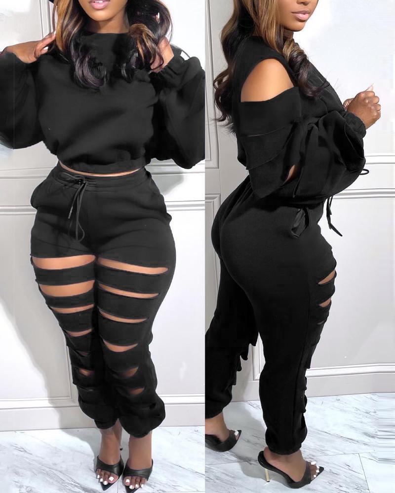 Ladder Cutout Long Sleeve Top & Drawstring Pants Set