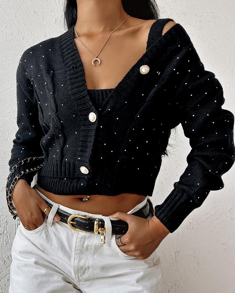Rhinestone Decor Buttoned Crop Cardigan With Tank Top