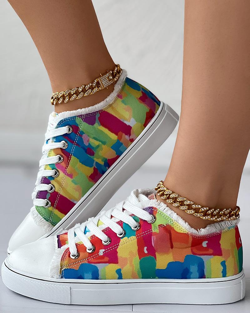 Melting Colors All Over Print Fringe Hem Canvas Sneakers