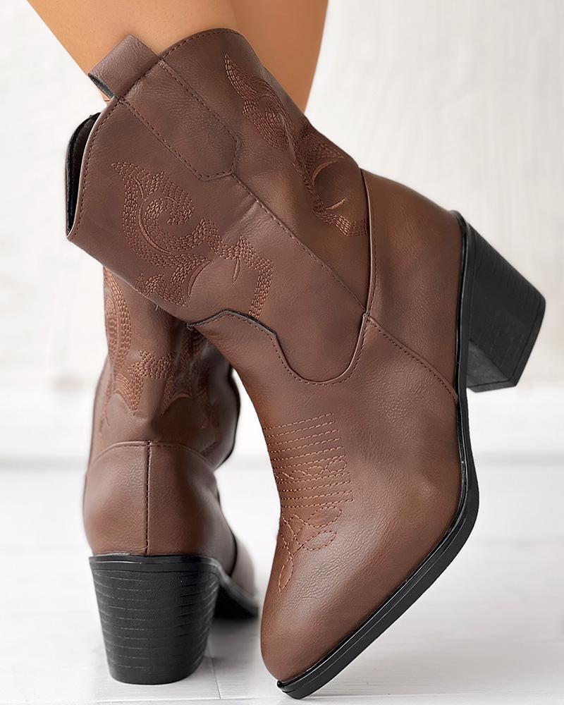 Graphic Cowboy Style Chunky Heel Ankle Boots