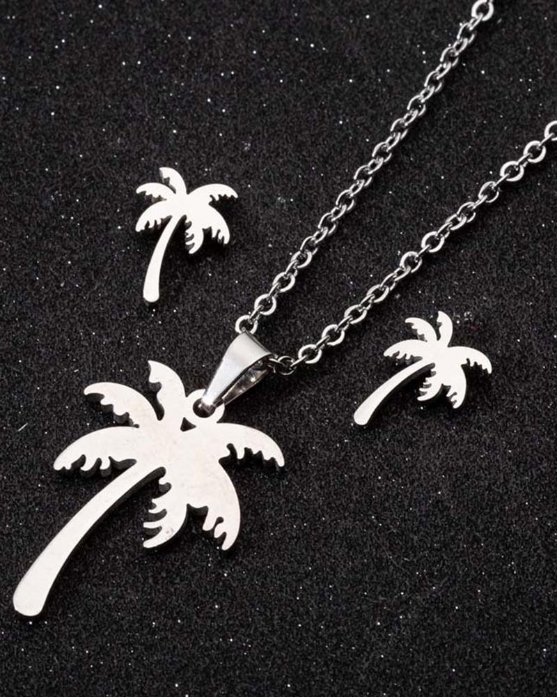2pcs Coconut Tree Shaped Pendant Necklace & Earrings Jewelry Set