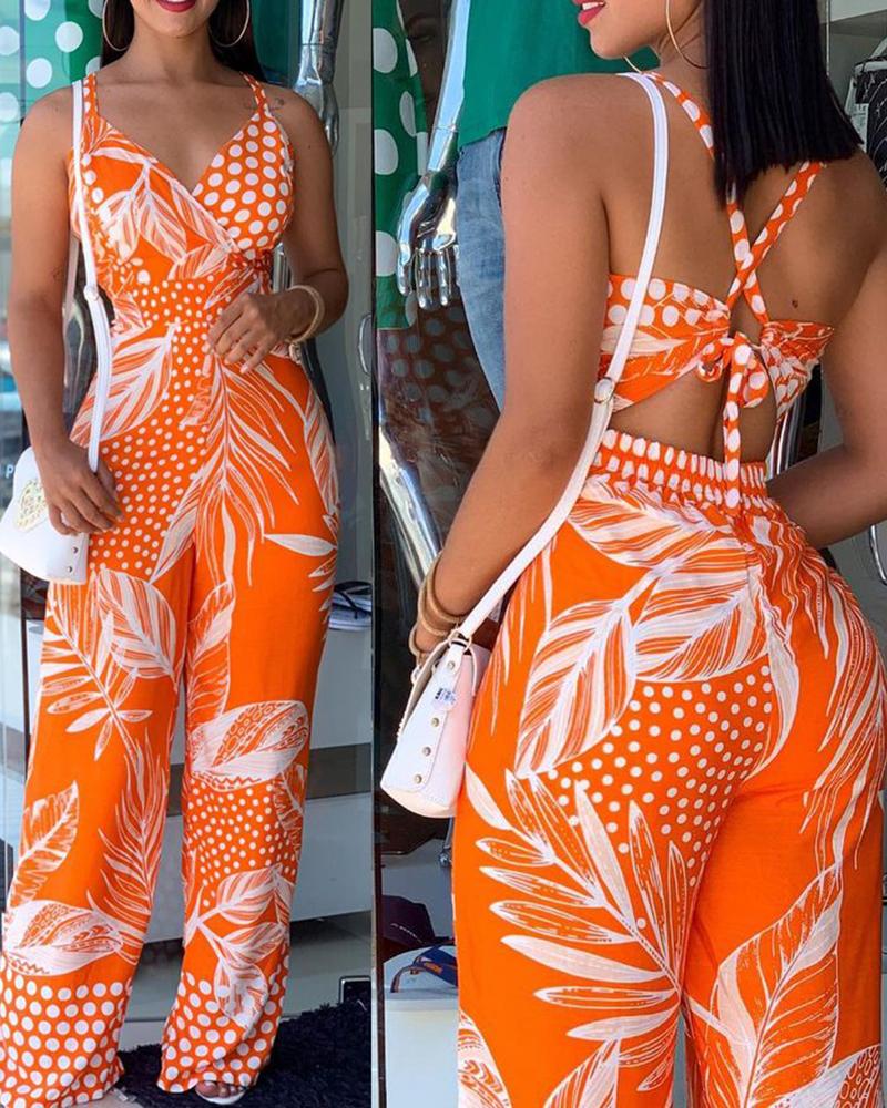 Tropical Print Spaghetti Strap Jumpsuit