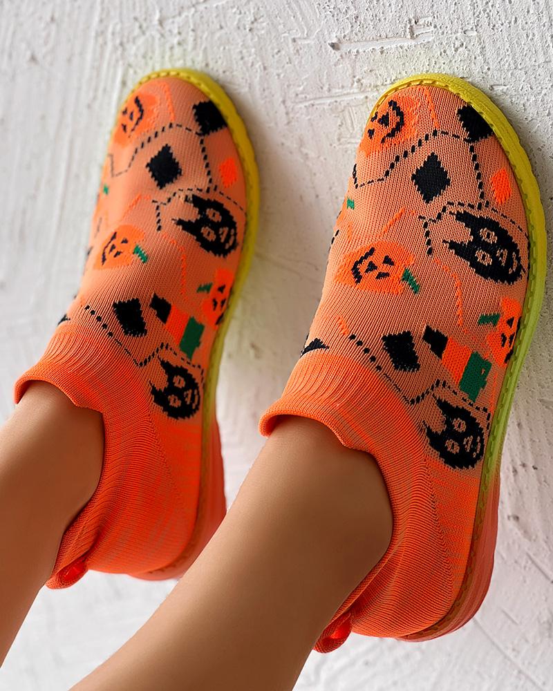 Halloween Pumpkin Cartoon Pattern Slip-On Sneakers