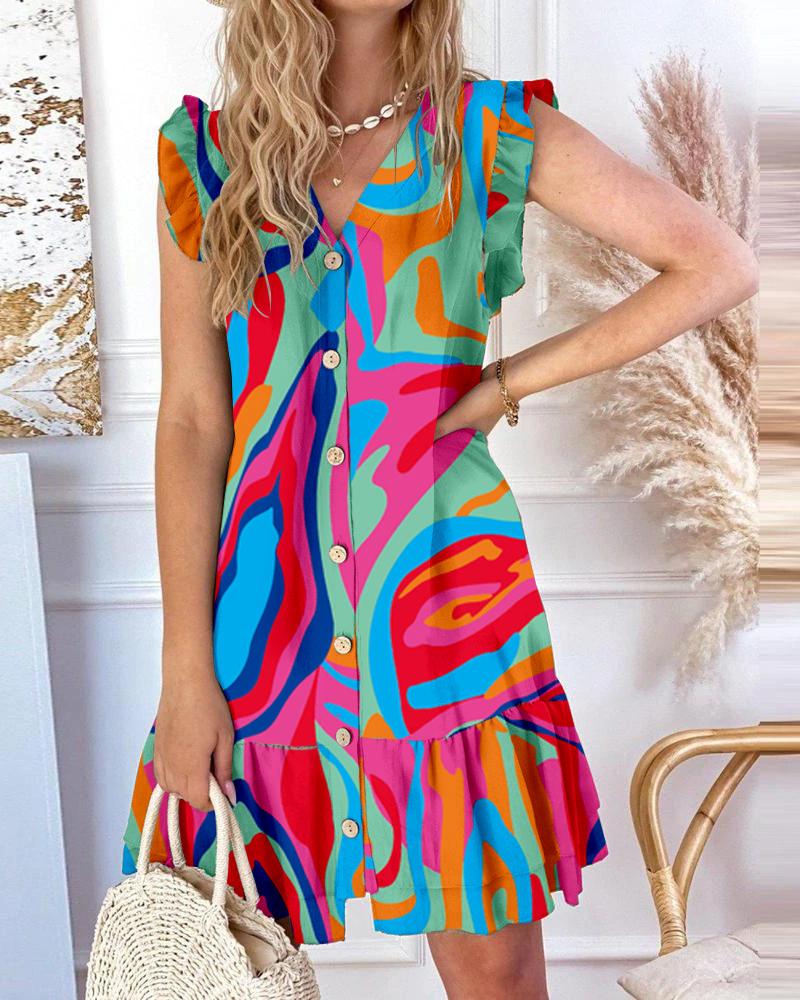 Abstract Print Flutter Sleeve Ruffles Casual Dress