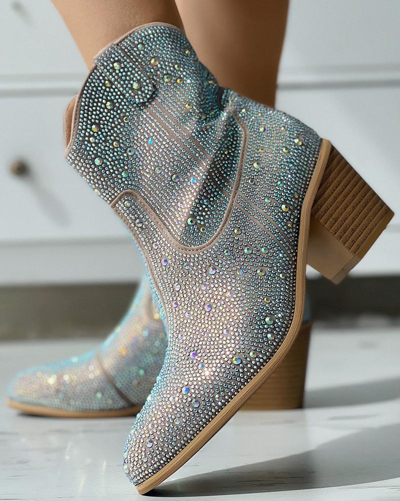   ChicMe Rhinestone Decor Zipper Design Boots