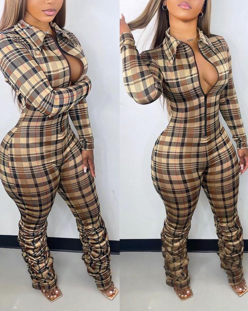 Plaid Print Zip Front Stacked Skinny Jumpsuit