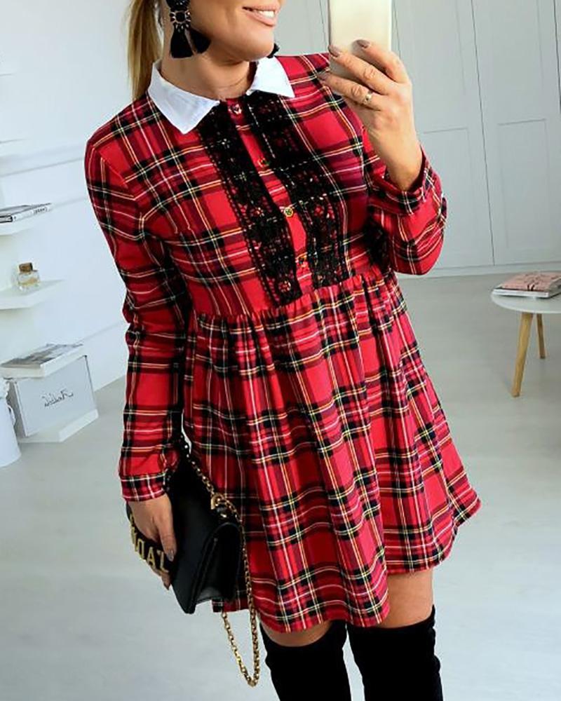 Plaid Print Contrast Lace Shirt Dress