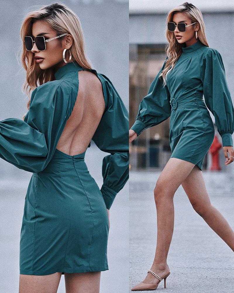 Lantern Sleeve Backless Zipper Button Detail Bodycon Dress