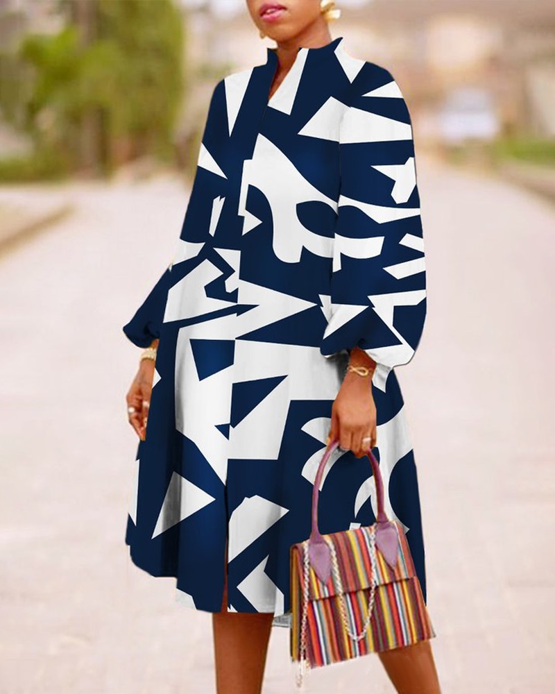 Geometric Print Lantern Sleeve Slit Casual Dress