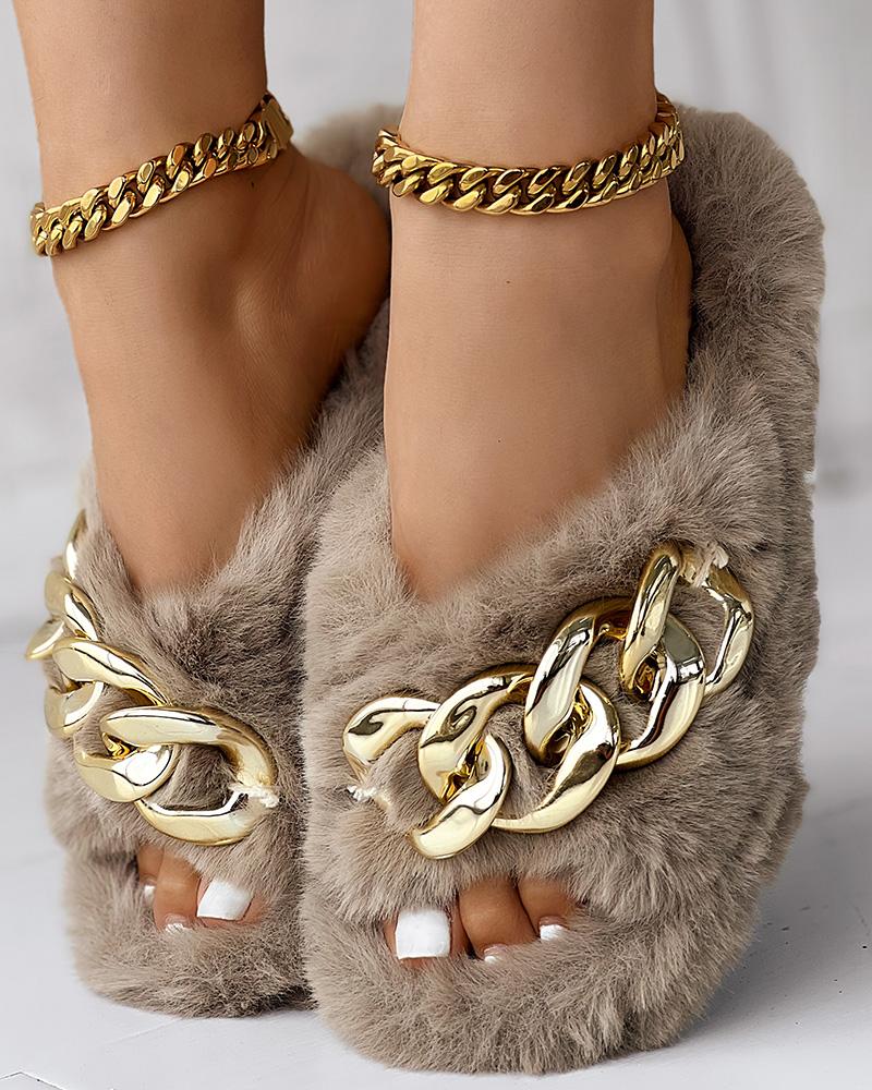 Fuzzy Chain Decor Cross Strap Slippers