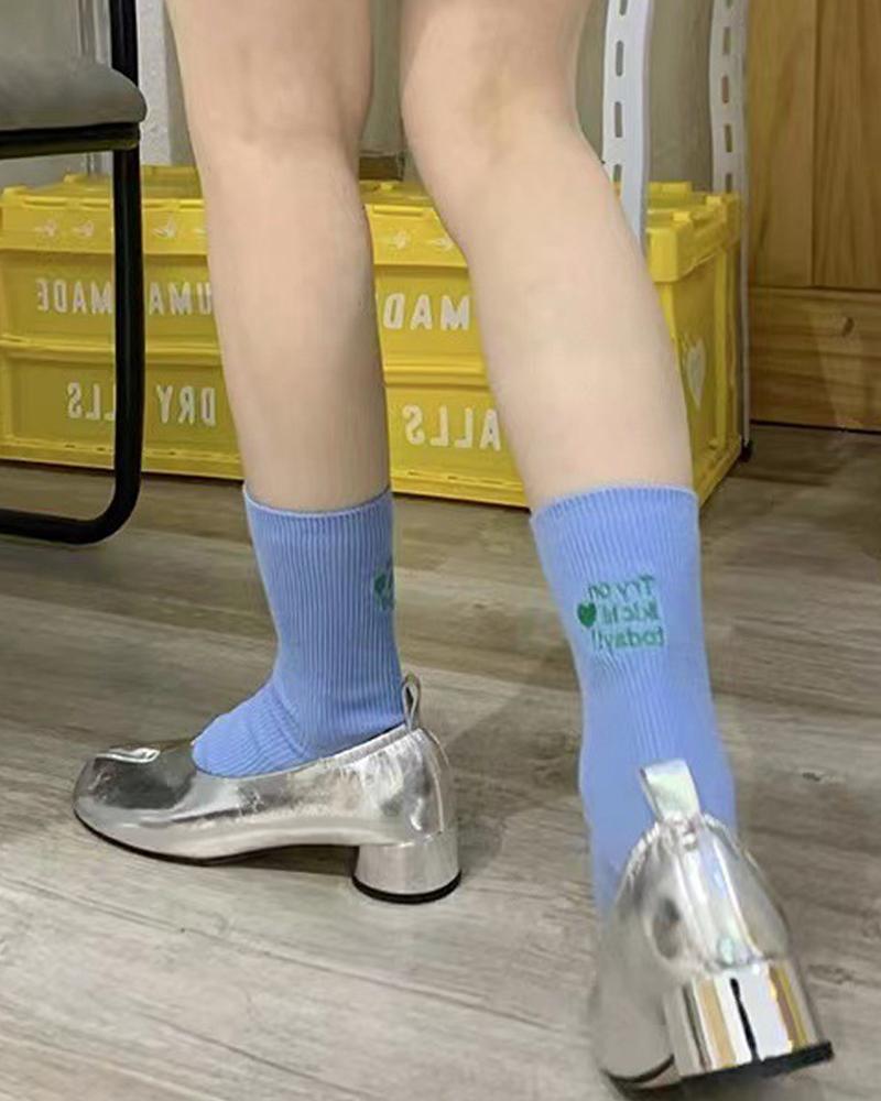 1Pair Slogan Pattern Knit Crew Socks