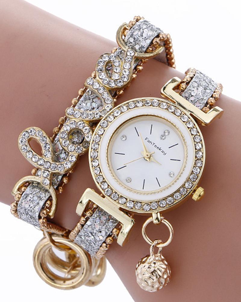 Watches  ChicMe 1pc Rhinestone Decor Lover Letter Pattern Bangle Quartz Watch