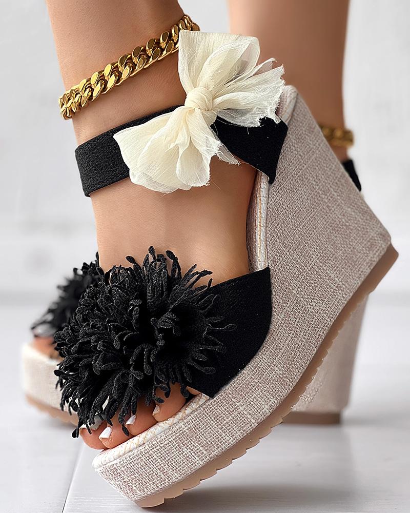 Floral Pattern Bowknot Decor Platform Wedge Sandals