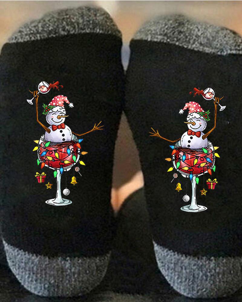 1Pair Christmas Snowman Wine Glass Print Crew Socks