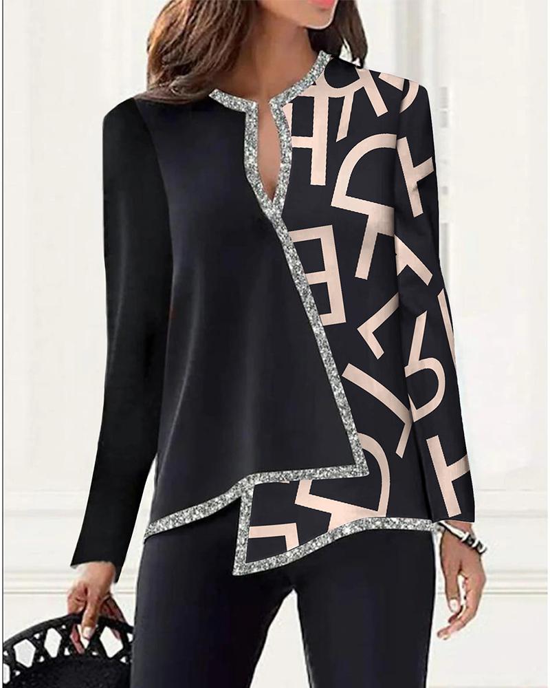 Letter Print Long Sleeve Asymmetrical Hem Top